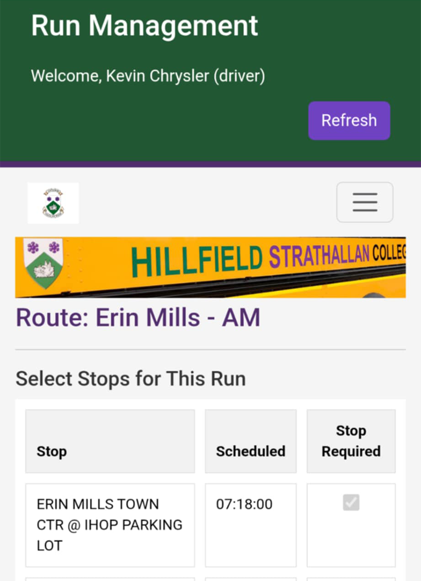 AM run stops pre-checked and shown as required; checkboxes disabled